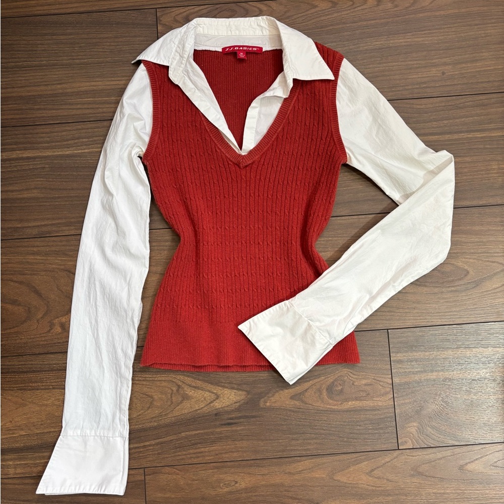 Y2K J.J. Basics red ribbed knit sweater vest with white shirt